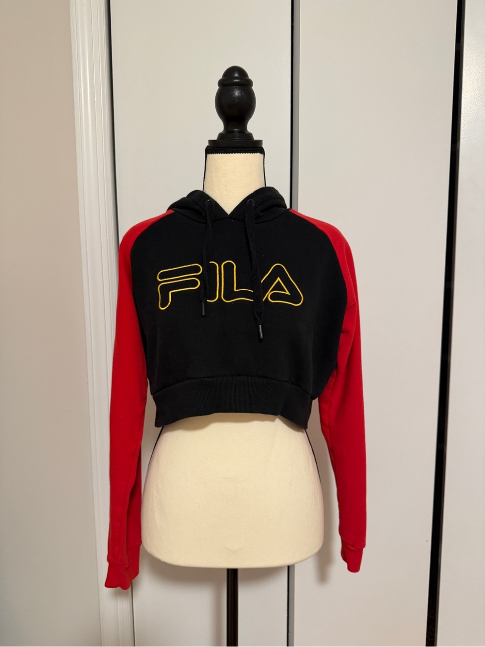 Fila Black Cropped Hoodie with Red Raglan Sleeves and Yellow Logo